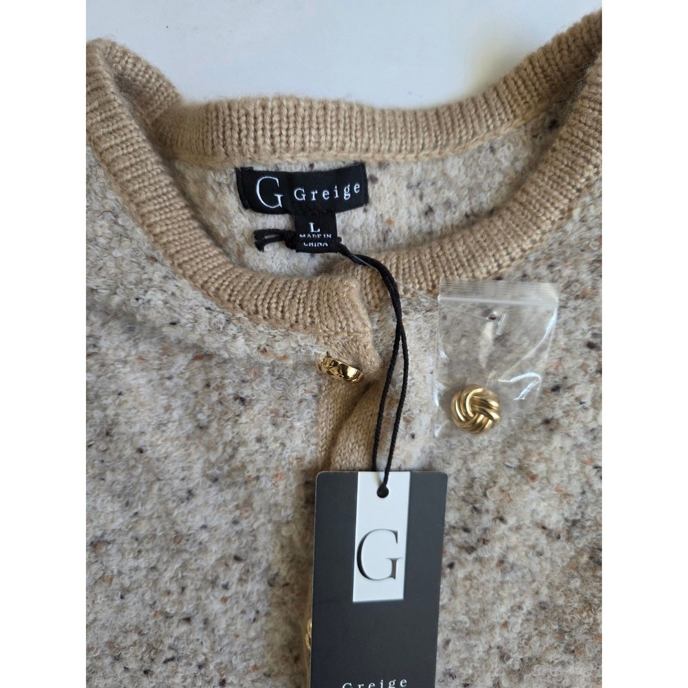 Greige Cardigan Large Oatmeal Boucle Gold Button Crew Neck Wool Bld Classic Core - Picture 4 of 9